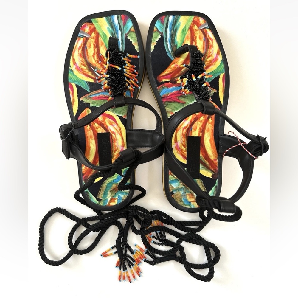 Farm Rio Black Multicolored Beaded Pietra Tropical Banana Tie Sandals Size 6